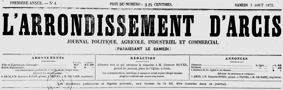 Photo (Aube. Archives départementales) de : L'Arrondissement d'Arcis. Arcis-sur-Aube, 1872-1895. ISSN 2261-6675.