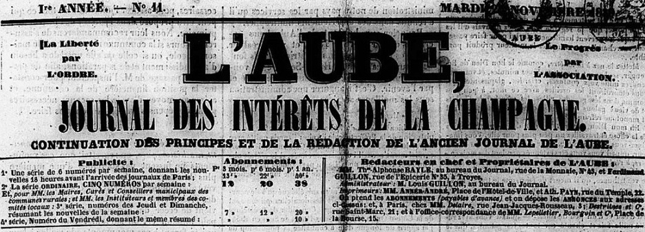 Photo (Aube. Archives départementales) de : L'Aube. Troyes, 1839-1890. ISSN 2261-7787.