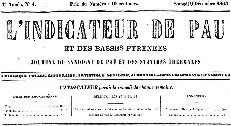 Photo (BnF / Gallica) de : L'Indicateur de Pau et des Basses-Pyrénées. Pau, 1865-1867. ISSN 2017-0521.