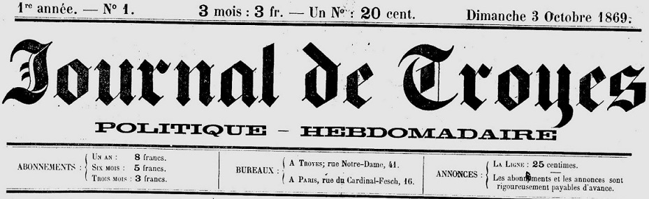 Photo (Aube. Archives départementales) de : Journal de Troyes. Troyes, 1869-1890. ISSN 2261-7086.