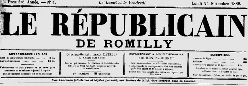 Photo (Aube. Archives départementales) de : Le Républicain de Romilly. Arcis-sur-Aube, 1889-1895. ISSN 2261-6721.