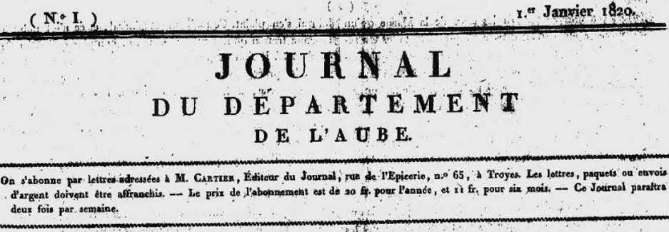 Photo (Aube. Archives départementales) de : Journal du département de l'Aube. Troyes : Impr.  de Mme  Bouquot, 1820. ISSN 2263-5432.
