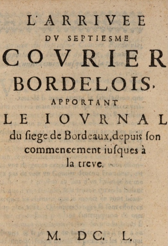 Photo (Österreichische Nationalbibliothek) de : Le Courier bordelois. [Paris], M. DC. L. [1650]. ISSN 2108-7377.