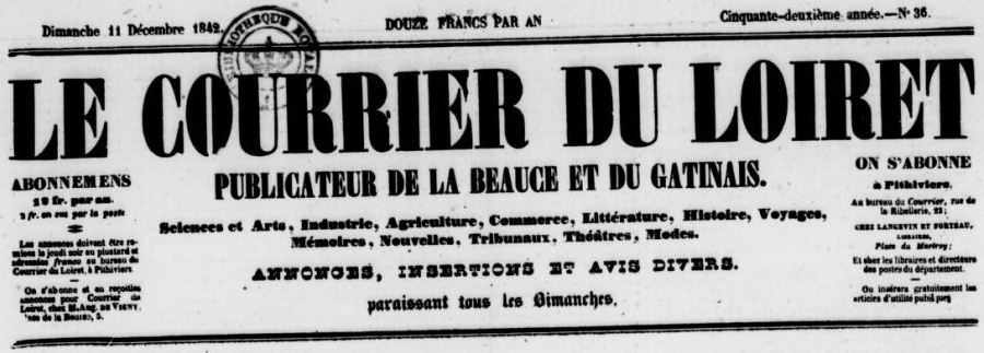 Photo (BnF / Gallica) de : Le Courrier du Loiret. Pithiviers, [1842 ?-1884 ?]. ISSN 2124-8834.