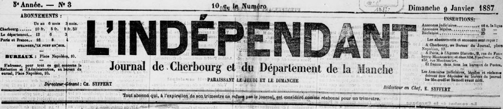 Photo (BnF / Gallica) de : L'Indépendant. Cherbourg, 1883-[1890 ?]. ISSN 2129-4224.