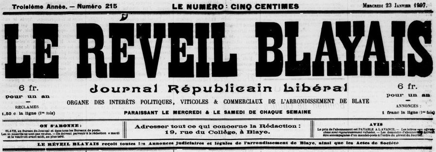 Photo (BnF / Gallica) de : Le Réveil blayais. Blaye, 1904-1944. ISSN 2017-6368.