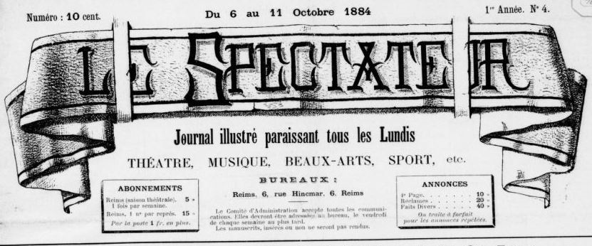 Photo (BnF / Gallica) de : Le Spectateur. Reims, 1884-[1885 ?]. ISSN 2138-309X.