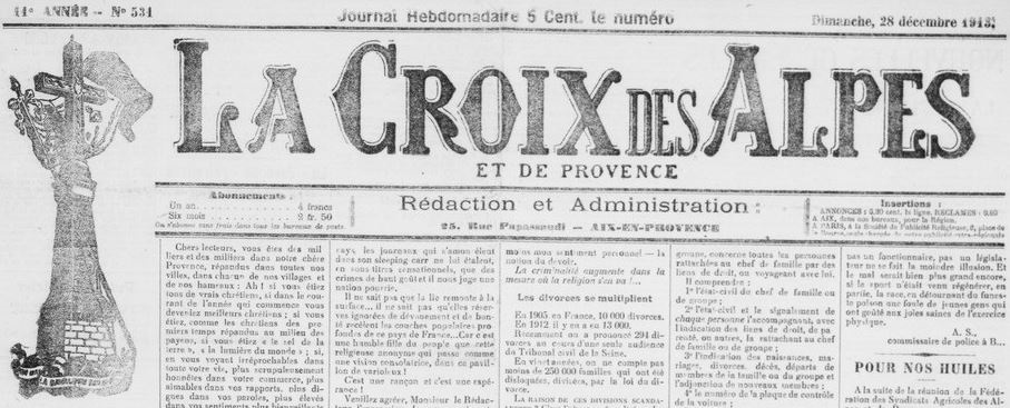 Photo (BnF / Gallica) de : La Croix des Alpes et de Provence. Aix-en-Provence, 1903-1944. ISSN 2262-5518.