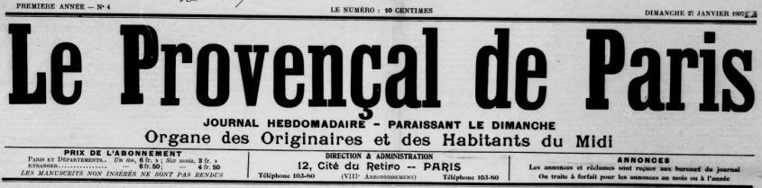 Photo (BnF / Gallica) de : Le Provençal de Paris. Paris, 1907-[1926 ?]. ISSN 2496-8846.