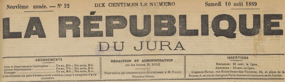 Photo (Madrid (Comunidad). Dirección general de archivos, museos y bibliotecas) de : La République du Jura. Dole, 1881-1910. ISSN 1247-648X.