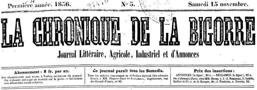 Photo (BnF / Gallica) de : La Chronique de la Bigorre. Tarbes : Perrot-Prat et Lescamela, 1856-1857. ISSN 0982-1236.