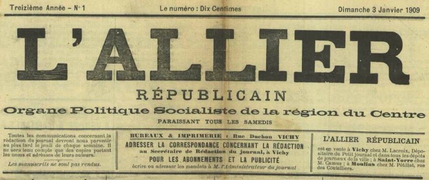 Photo (Allier. Archives départementales) de : L'Allier républicain. Vichy, 1899-1909. ISSN 2120-6023.