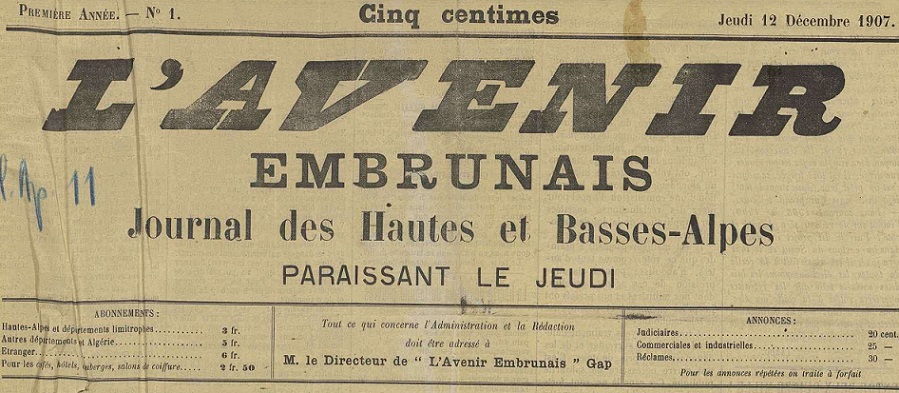 Photo (Hautes-Alpes. Archives départementales) de : L'Avenir embrunais. Gap, 1907-1914. ISSN 2258-3467.