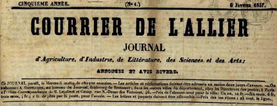 Photo (Allier. Archives départementales) de : Le Courrier de l'Allier. Montluçon, 1843-1939. ISSN 2124-7137.