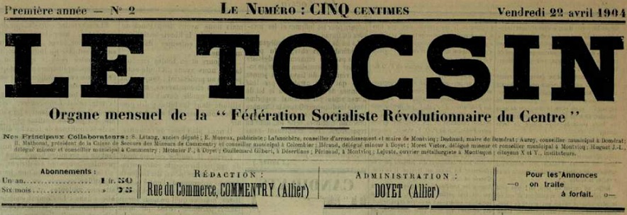 Photo (Allier. Archives départementales) de : Le Tocsin. Commentry, Doyet, 1904-1906. ISSN 1966-2955.