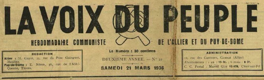 Photo (Allier. Archives départementales) de : La Voix du peuple. Moulins, Thiers, Gannat, 1936-1952. ISSN 2140-2450.