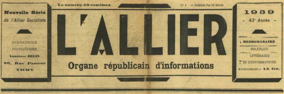 Photo (Allier. Archives départementales) de : L'Allier. Vichy, 1939-1940. ISSN 1960-5463.