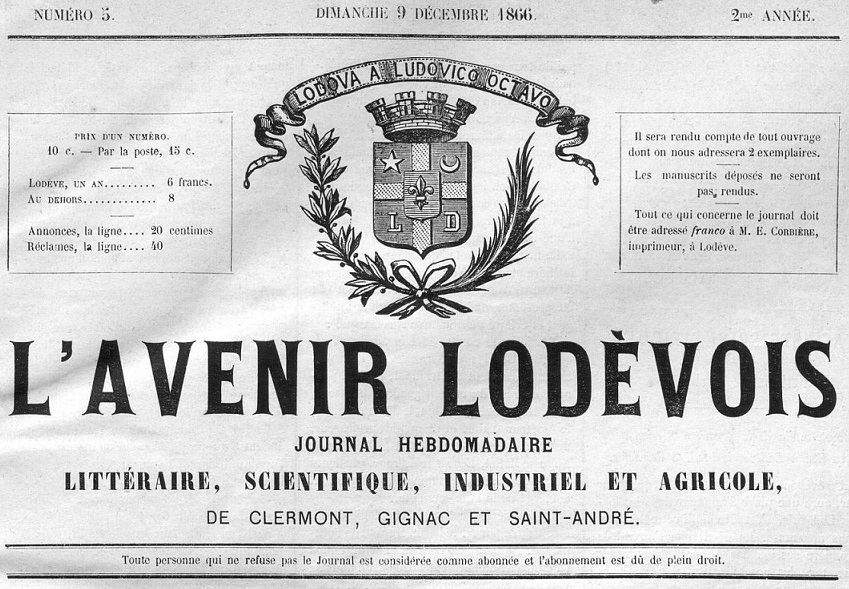 Photo (Occitanie) de : L'Avenir lodévois. Lodève, 1866-[1870 ?]. ISSN 2121-6444.