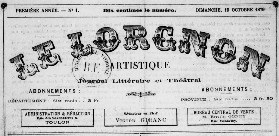 Photo (BnF / Gallica) de : Le Lorgnon artistique. Toulon, 1879. ISSN 2131-5620.