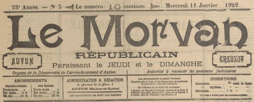 Photo (BnF / Gallica) de : Le Morvan républicain. Autun, 1898-1944. ISSN 2132-6029.