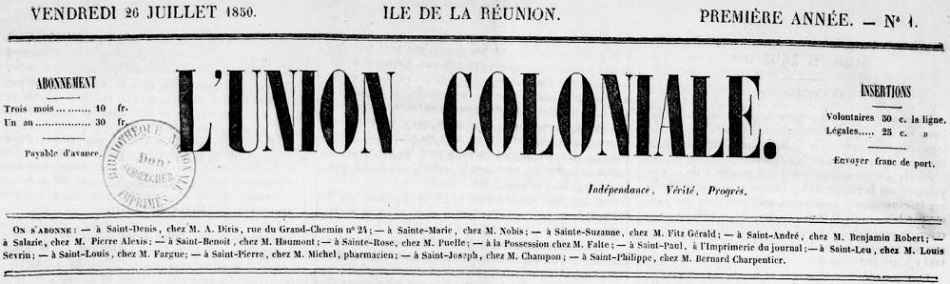 Photo (BnF / Gallica) de : L'Union coloniale. Saint-Paul (La Réunion), 1850-1852. ISSN 2429-036X.