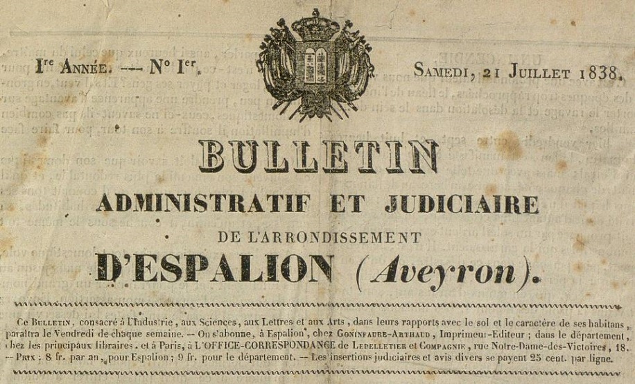 Photo (Occitanie) de : Bulletin administratif et judiciaire de l'arrondissement d'Espalion (Aveyron). Espalion, 1838-1839. ISSN 2739-4239.