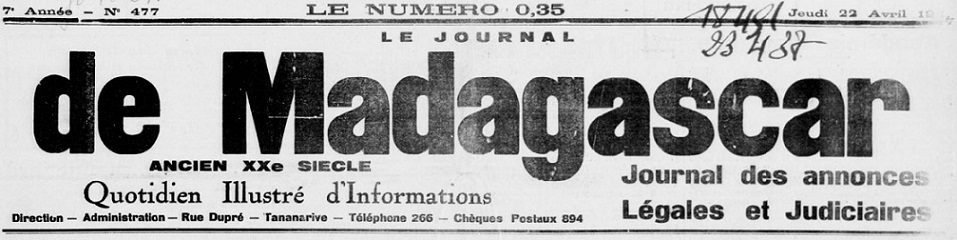 Photo (BnF / Gallica) de : Le Journal de Madagascar. Tananarive, 1937-1955. ISSN 2741-132X.