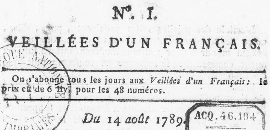 Photo (BnF / Gallica) de : Veillées d'un Français. [Avignon] : [Jean-Albert Joly], [1789]. ISSN 2139-7031.