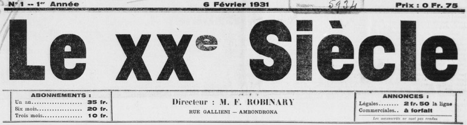 Photo (BnF / Gallica) de : Le XXe siècle. Ambondrona [Nosy Be], 1931-1937. ISSN 2741-2067.
