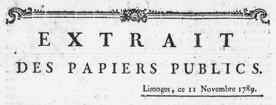 Photo (BnF / Gallica) de : Bulletin ou extraits des papiers publics. Limoges, 1789. ISSN 2106-2617.