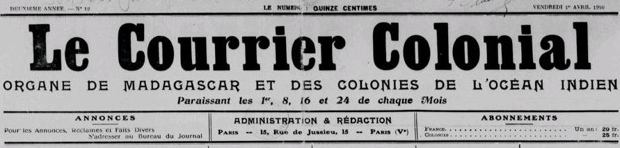 Photo (BnF / Gallica) de : Le Courrier colonial. Paris, 1909-1939. ISSN 2430-6185.