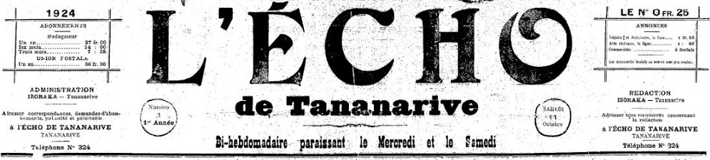 Photo (BnF / Gallica) de : L'Écho de Tananarive. Tananarive, 1924-[1930 ?]. ISSN 2741-2504.