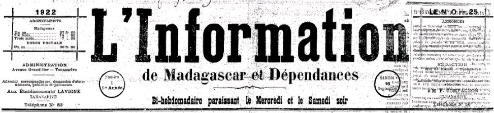 Photo (BnF / Gallica) de : L'Information de Madagascar et dépendances. Tananarive, 1922-1924. ISSN 2741-2423.