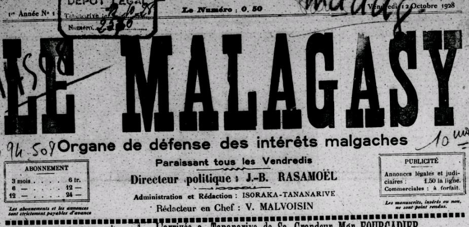 Photo (BnF / Gallica) de : Le Malagasy. Tananarive, 1928-1931. ISSN 2741-2555.