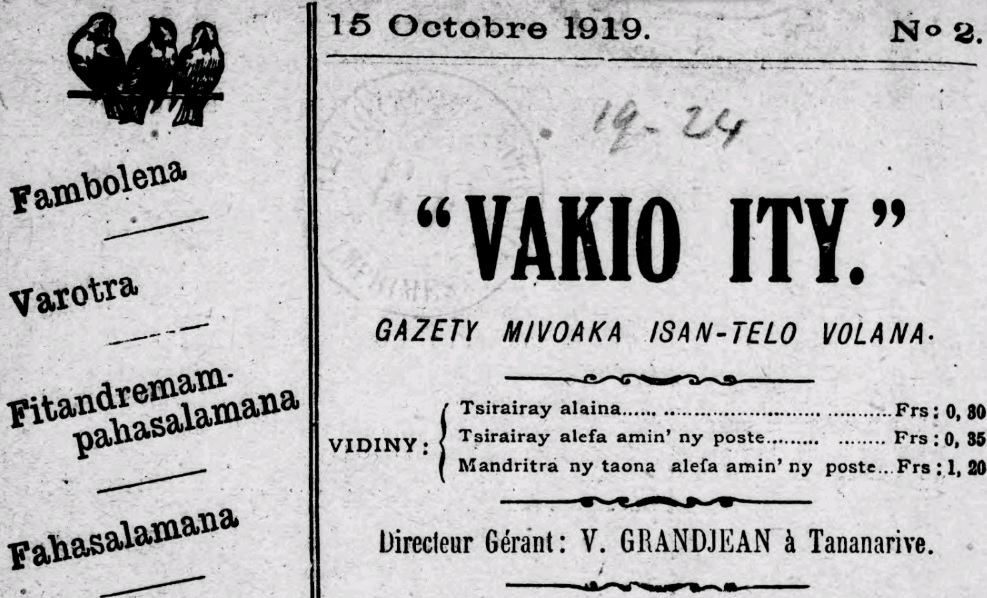 Photo (BnF / Gallica) de : Vakio ity. Tananarive, 1919-[1939 ?]. ISSN 2741-2180.