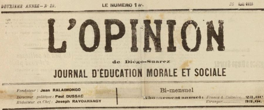 Photo (BnF / Gallica) de : L'Opinion de Diégo-Suarez. Diégo-Suarez, 1927-[1928 ?]. ISSN 2741-2547.