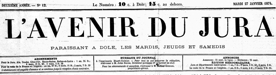 Photo (Jura. Archives départementales) de : L'Avenir du Jura. Dole, 1873-1907. ISSN 1153-7914.