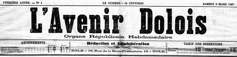 Photo (Jura. Archives départementales) de : L'Avenir dolois. Dole, 1907-1926. ISSN 1153-799X.