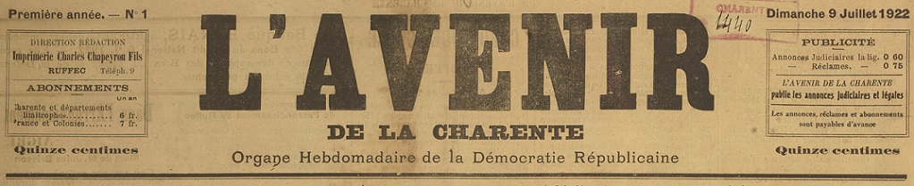 Photo (BnF / Gallica) de : L'Avenir de la Charente. Ruffec, 1922-1933. ISSN 2107-7711.