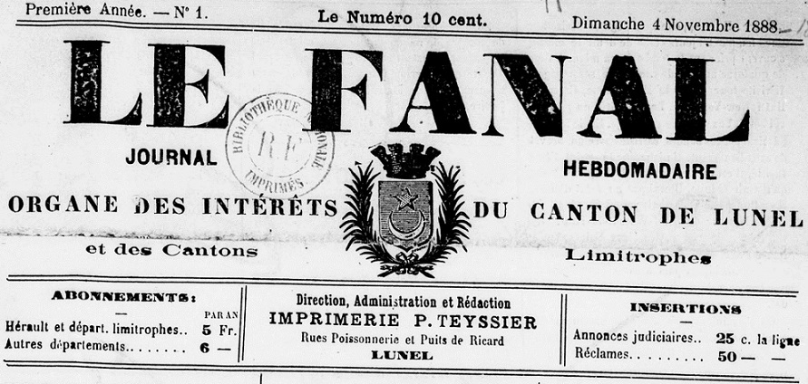 Photo (BnF / Gallica) de : Le Fanal. Lunel, 1888-1914. ISSN 2127-7982.