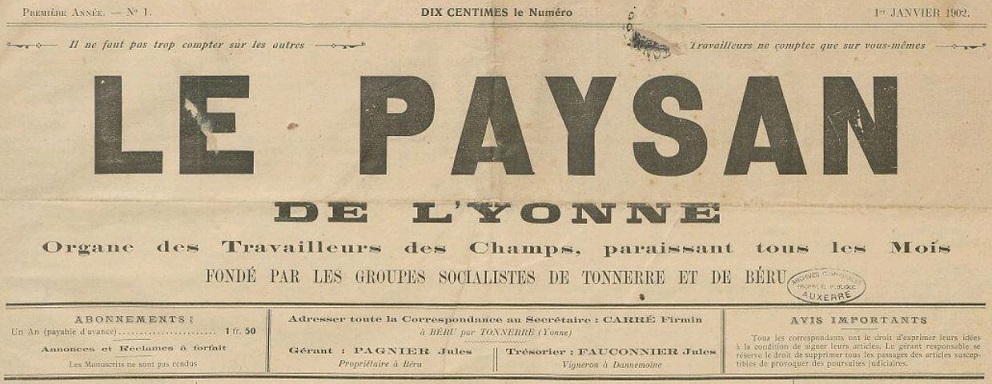Photo (Archives municipales d'Auxerre, cote 17 S 44/20) de : Le Paysan de l'Yonne. Béru, 1902-1904. ISSN 2133-8302.