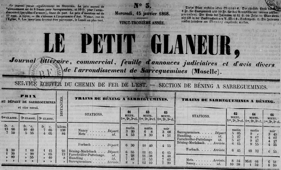 Photo (BnF / Gallica) de : Le Petit glaneur. Sarreguemines, [1846?]-1872. ISSN 1963-6105.