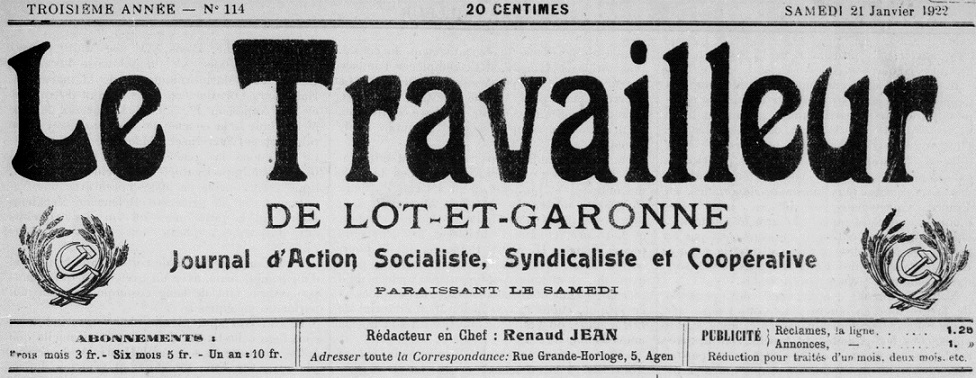 Photo (BnF / Gallica) de : Le Travailleur de Lot-et-Garonne. Agen, 1919-1932. ISSN 2138-9233.