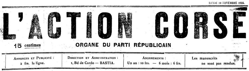 Photo (Archives de la Collectivité de Corse – Pumonti) de : L'Action corse. Bastia, [1924 ?-1925 ?]. ISSN 2120-1099.