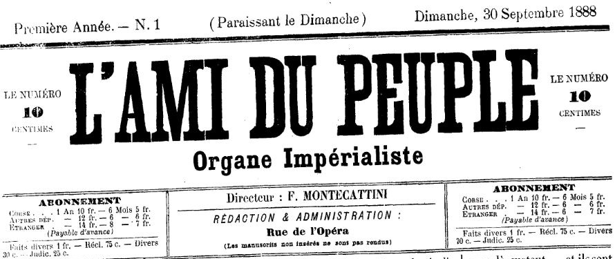 Photo (Archives de la Collectivité de Corse – Pumonti) de : L'Ami du peuple. Bastia, 1888-[1889 ?]. ISSN 2120-6953.