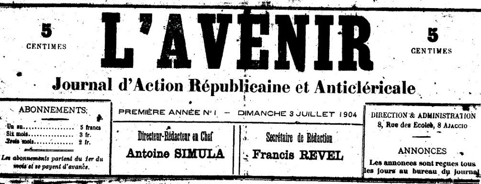 Photo (Archives de la Collectivité de Corse – Pumonti) de : L'Avenir. Ajaccio, 1904-[1907 ?]. ISSN 2121-2902.