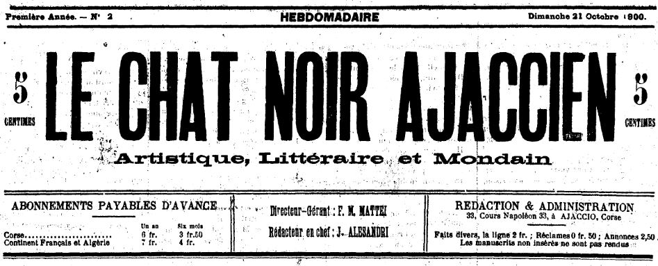 Photo (Archives de la Collectivité de Corse – Pumonti) de : Le Chat noir ajaccien. Ajaccio, 1900-[1901 ?]. ISSN 2123-6828.