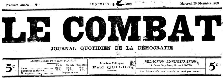 Photo (Archives de la Collectivité de Corse – Pumonti) de : Le Combat. Ajaccio, 1909-[1910 ?]. ISSN 2124-0698.