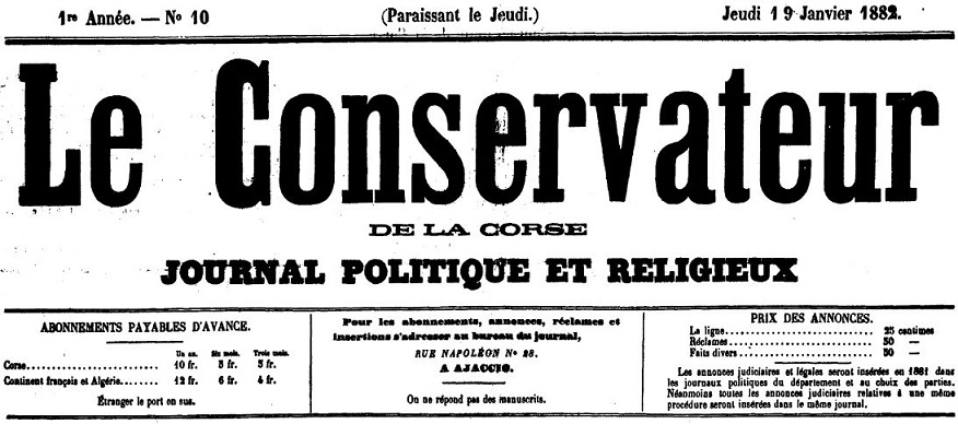 Photo (Archives de la Collectivité de Corse – Pumonti) de : Le Conservateur de la Corse. Ajaccio, 1881-[1900 ?]. ISSN 2124-359X.