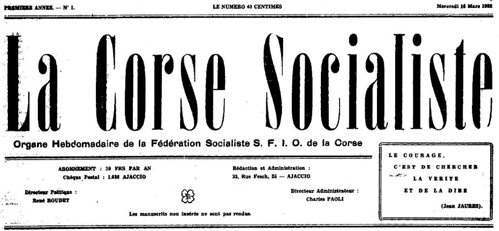 Photo (Archives de la Collectivité de Corse – Pumonti) de : La Corse socialiste. Ajaccio, 1932-[1936 ?]. ISSN 2124-5290.